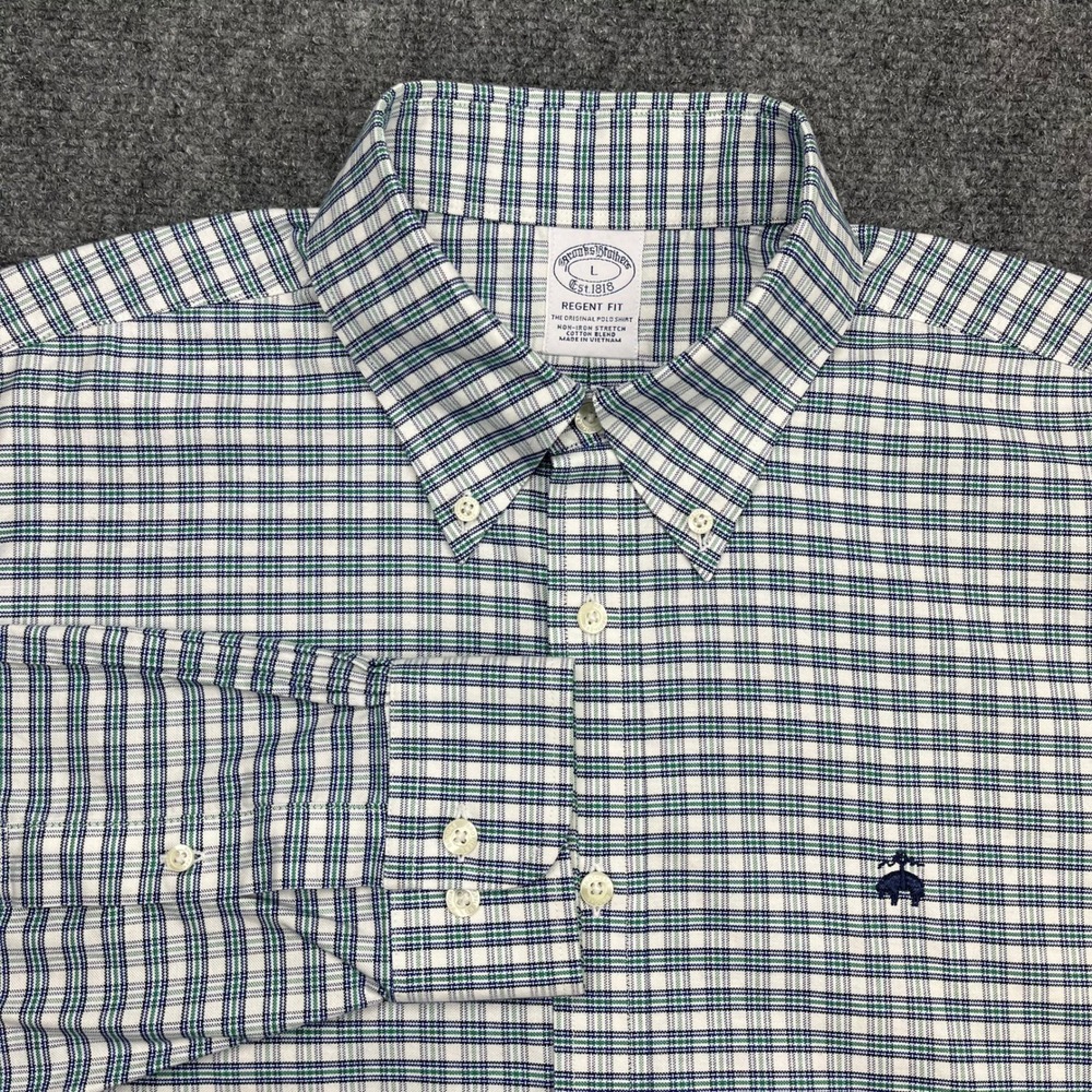 Brooks Brothers 1818 Men Regent Non Iron Tartan Plaid Oxford Shirt Green Blue L